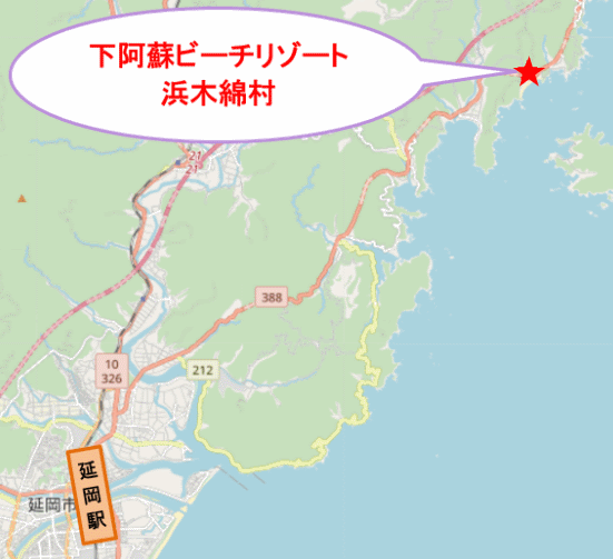 下阿蘇ビーチリゾート浜木綿村への概略アクセスマップ
