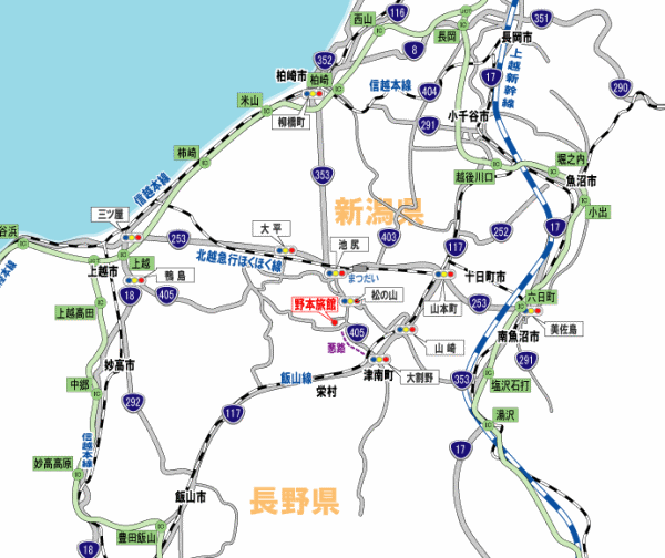 松之山温泉　ほんのり薫る自然のこころ　野本旅館への概略アクセスマップ