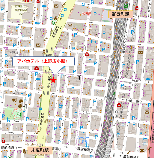 アパホテル〈上野広小路〉への概略アクセスマップ