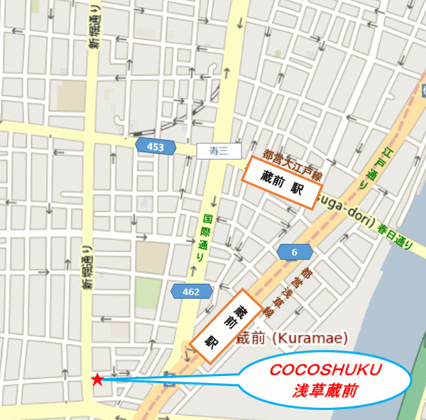 ＣＯＣＯＳＨＵＫＵ　浅草蔵前への概略アクセスマップ