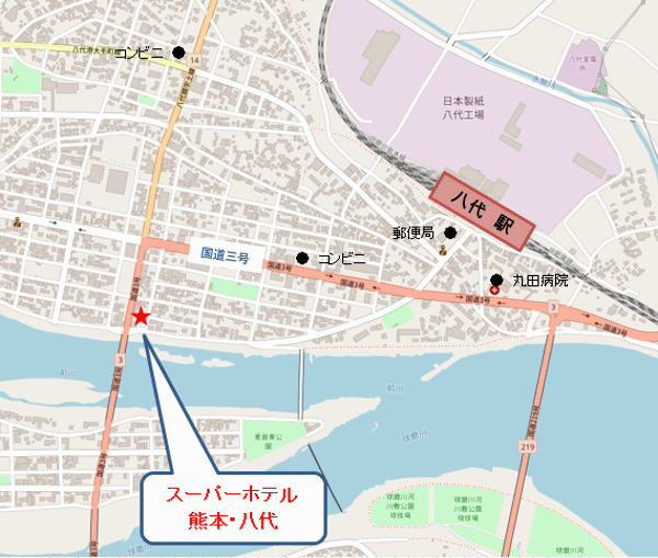 天然温泉　妙見の湯　スーパーホテル熊本・八代への概略アクセスマップ