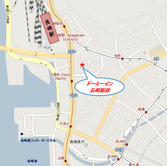 天然温泉　鶴港の湯　ドーミーインＰＲＥＭＩＵＭ長崎駅前（ドーミーイン・御宿野乃　ホテルズグループ）への概略アクセスマップ