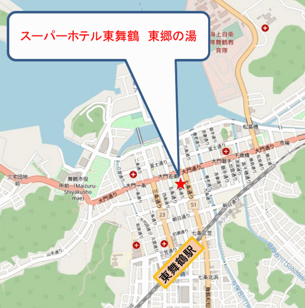 天然温泉　東郷の湯　スーパーホテル東舞鶴への概略アクセスマップ