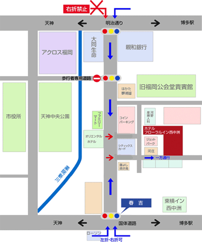 福岡フローラルイン西中洲への概略アクセスマップ