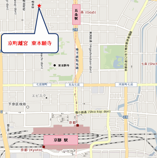 京町離宮　東本願寺への概略アクセスマップ