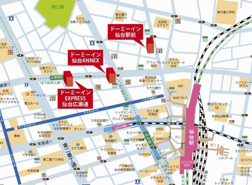 ドーミーインＥＸＰＲＥＳＳ仙台広瀬通（ドーミーイン・御宿野乃　ホテルズグループ）への概略アクセスマップ