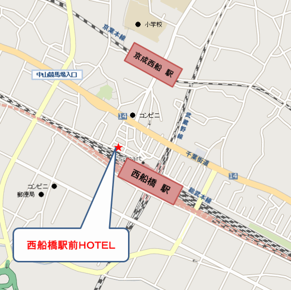 西船橋駅前ＨＯＴＥＬへの概略アクセスマップ