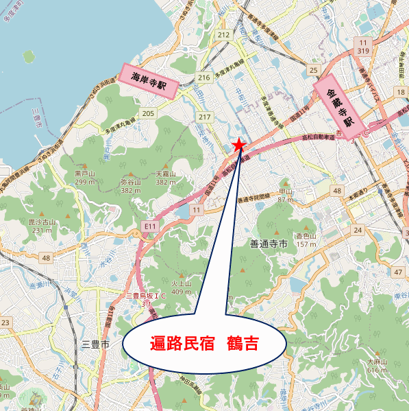 遍路民宿　鶴吉への概略アクセスマップ