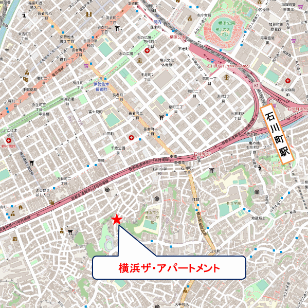 横浜ザ・アパートメントへの概略アクセスマップ