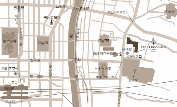 フォーシーズンズホテル京都への概略アクセスマップ