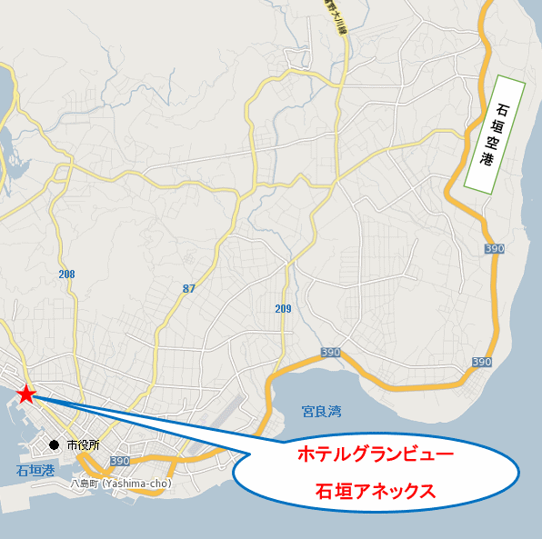 ホテルグランビュー石垣新川＜石垣島＞への概略アクセスマップ