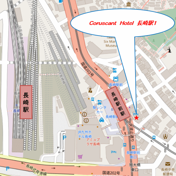 Ｃｏｒｕｓｃａｎｔ　Ｈｏｔｅｌ　長崎駅１（コルサントホテル）への概略アクセスマップ