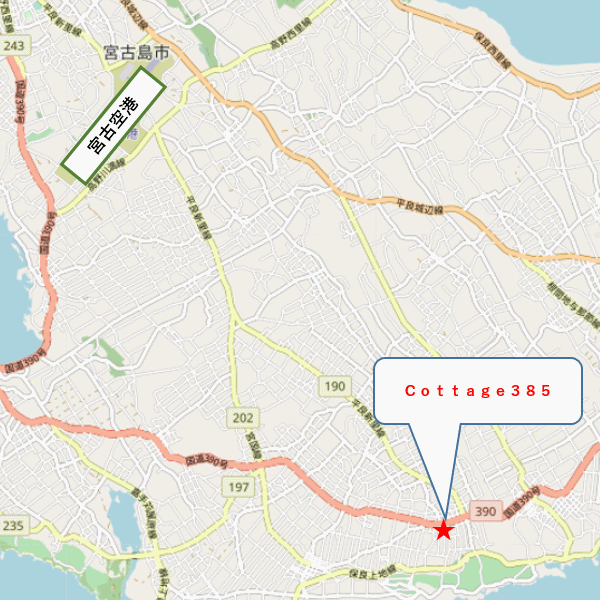 Ｄｏｔ　Ｃｏｔｔａｇｅ　３８５（Ｍｉｙａｋｏ）＜宮古島＞への概略アクセスマップ