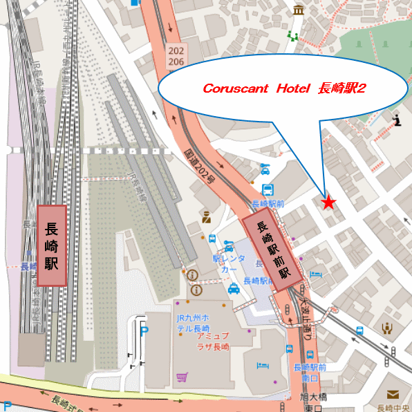 Ｃｏｒｕｓｃａｎｔ　Ｈｏｔｅｌ　長崎駅２（コルサントホテル）への概略アクセスマップ