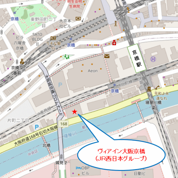 ヴィアインプライム大阪京橋＜水城の湯＞（ＪＲ西日本グループ）への概略アクセスマップ