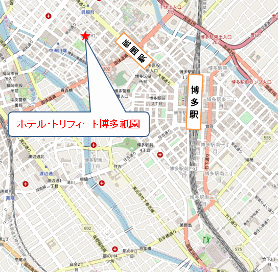 ホテル・トリフィート博多祇園への概略アクセスマップ