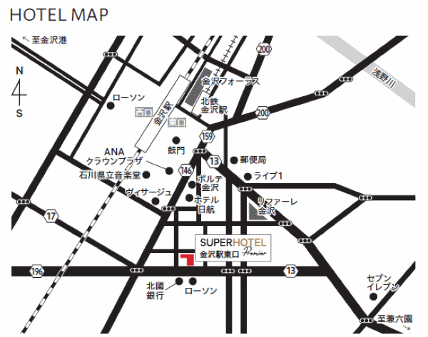 天然温泉　鼓門の湯　スーパーホテルＰｒｅｍｉｅｒ金沢駅東口への概略アクセスマップ