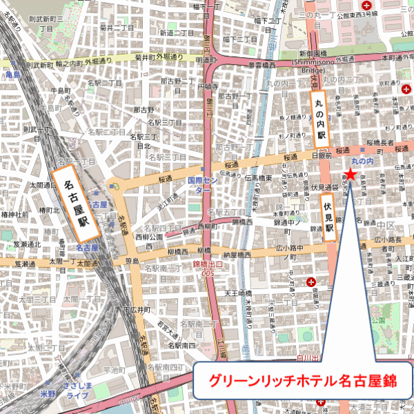 グリーンリッチホテル名古屋錦　人工温泉・二股湯の華への概略アクセスマップ