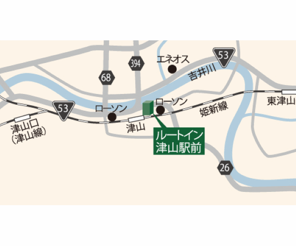 地図：天然温泉「旅人の湯」ホテルルートイン津山駅前