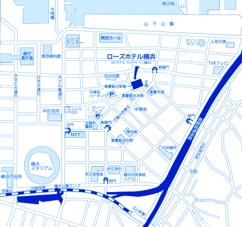ローズホテル横浜への概略アクセスマップ