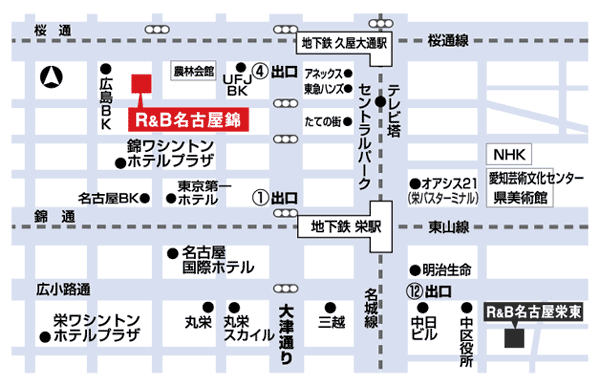 Ｒ＆Ｂホテル名古屋錦への概略アクセスマップ