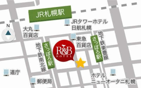 Ｒ＆Ｂホテル札幌北３西２への概略アクセスマップ
