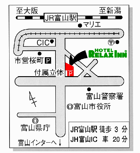 ホテルリラックスイン富山への概略アクセスマップ