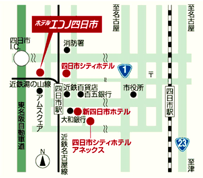 ホテルエコノ四日市への概略アクセスマップ