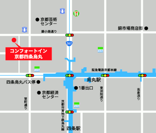コンフォートイン京都四条烏丸への概略アクセスマップ