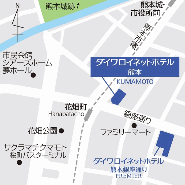 ダイワロイネットホテル熊本への概略アクセスマップ