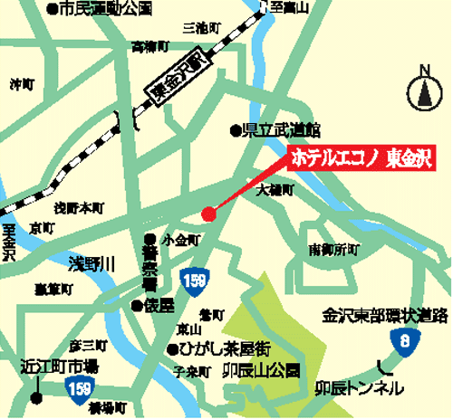 ホテルエコノ東金沢への概略アクセスマップ