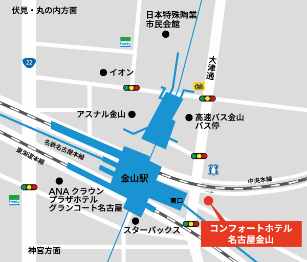 コンフォートホテル名古屋金山への概略アクセスマップ