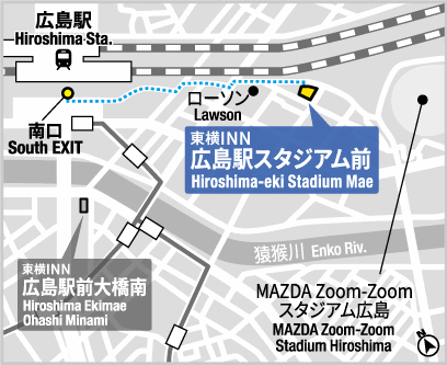 東横ＩＮＮ広島駅スタジアム前への概略アクセスマップ
