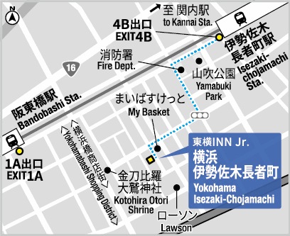 東横ＩＮＮＪｒ．横浜伊勢佐木長者町への概略アクセスマップ