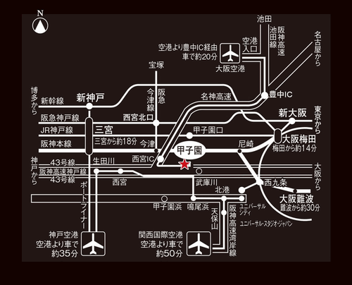 ホテルヒューイット甲子園への概略アクセスマップ