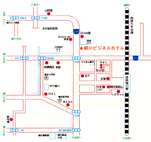 柳川ビジネスホテルへの概略アクセスマップ