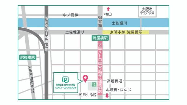 プリンス　スマート　イン　大阪淀屋橋への概略アクセスマップ