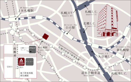 ホテル　アセントイン札幌への概略アクセスマップ