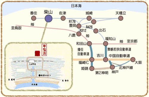三吉・かに楽座　甲羅戯への概略アクセスマップ