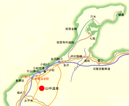 山中温泉　翠明　桂御園への概略アクセスマップ