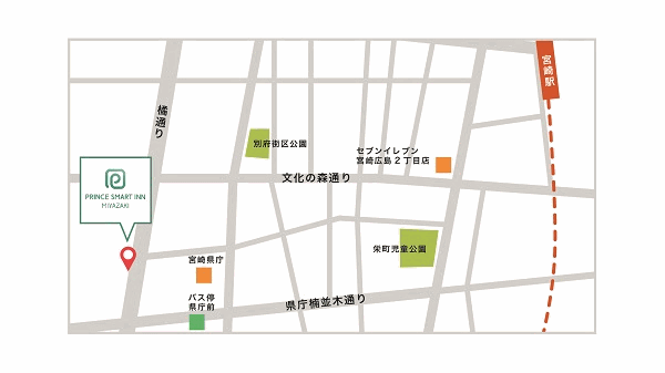 地図：プリンス　スマート　イン　宮崎（２０２４年２月２０日開業）