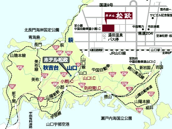 湯田温泉　ユウベルホテル松政への概略アクセスマップ