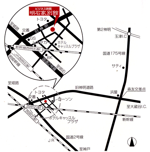 Ｔａｂｉｓｔ　ビジネス旅館　明石家別館への概略アクセスマップ