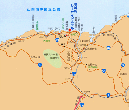 奥城崎シーサイドホテルへの概略アクセスマップ