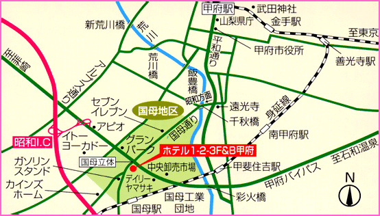 ホテル１ー２ー３甲府・信玄温泉への概略アクセスマップ