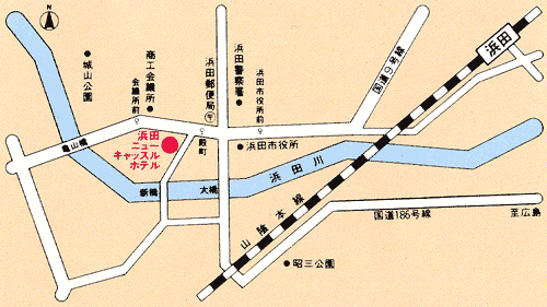 浜田ニューキャッスルホテルへの概略アクセスマップ