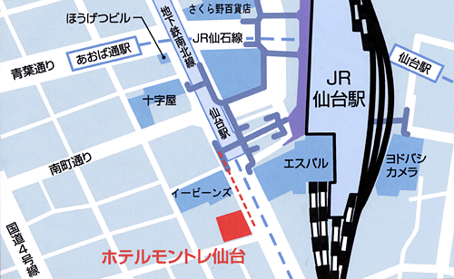 ホテルモントレ仙台への概略アクセスマップ