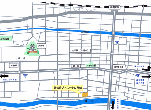 高知ビジネスホテル　別館への概略アクセスマップ