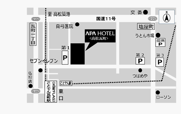 アパホテル〈高松瓦町〉への概略アクセスマップ