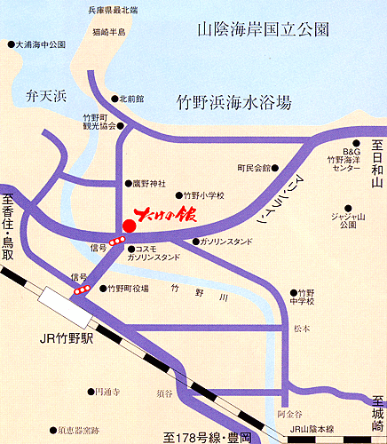 竹野浜　料理旅館　たけの館への概略アクセスマップ